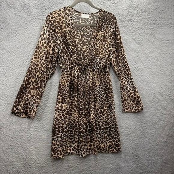 La Palapa XL Sheer Animal Print Cover Up Dress Long Sleeves Front Tie Beach Pool - Picture 3 of 10